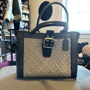 Coach Legacy Straw Basket Tote Bag Handbag with Leather Trim